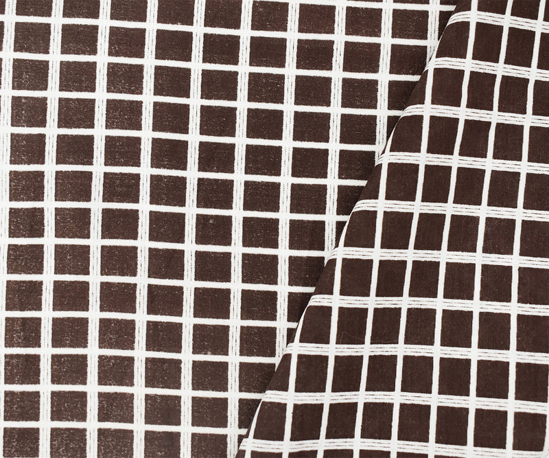 Brown-White Rayon Check Grid Printed Batiste Woven Fabric