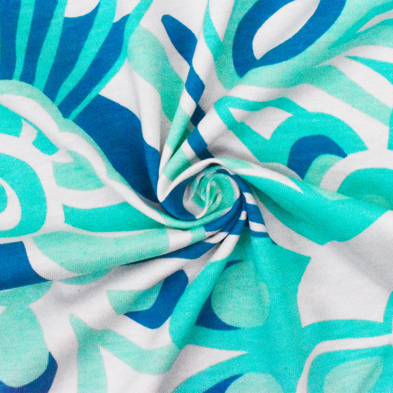 2 YD PC-Blue-White-Multi Abstract Shell Printed Rayon Jersey Knit Fabric