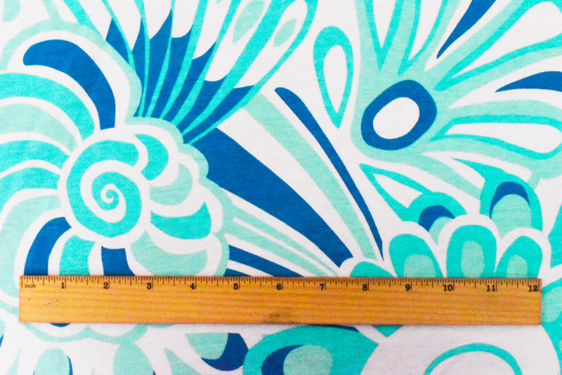 2 YD PC-Blue-White-Multi Abstract Shell Printed Rayon Jersey Knit Fabric