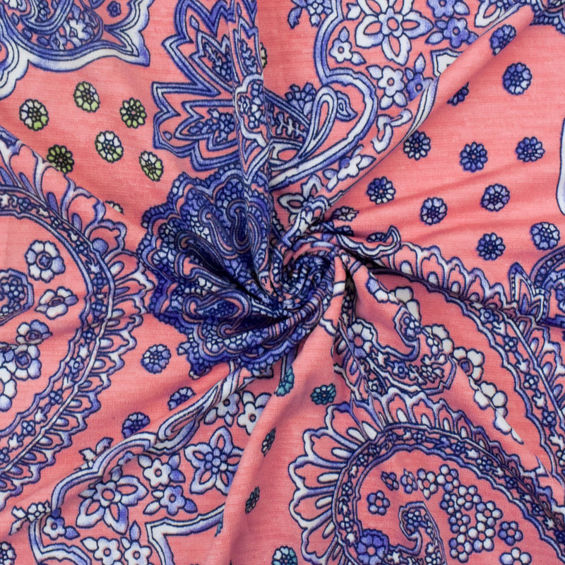 1 YD PC-Lady Pink-Blue-Multi Baroque Printed Stretch Poly ITY Jersey Knit Fabric