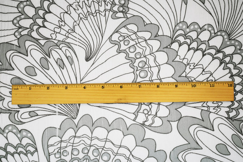White-Gray Cotton Abstract Feather Printed Crinkled Gauze Woven Fabric