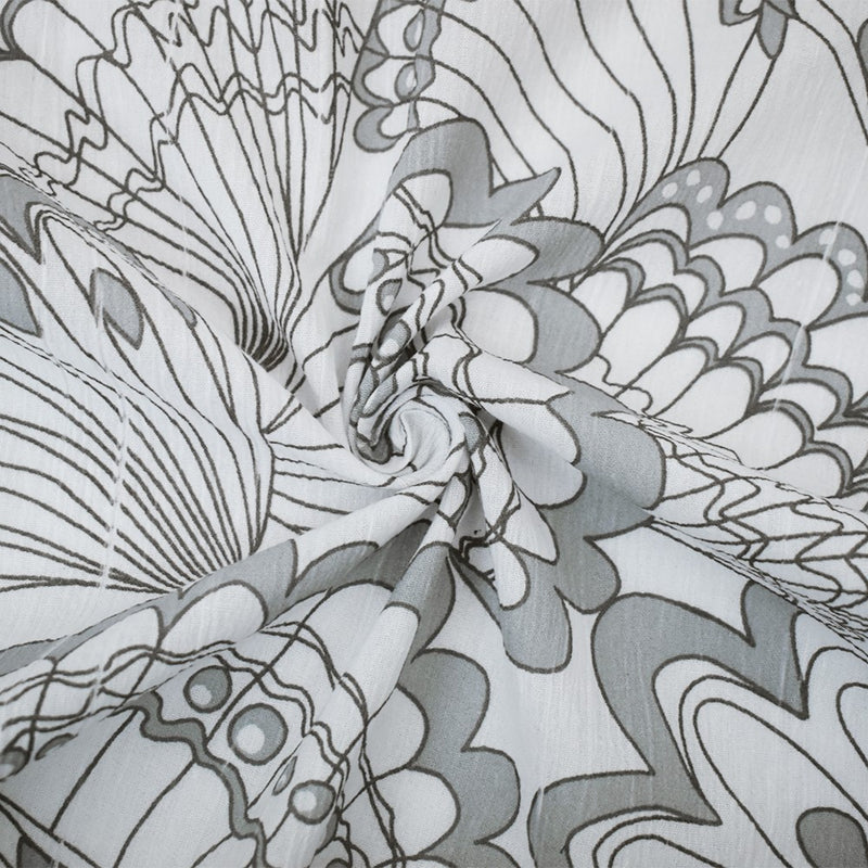 White-Gray Cotton Abstract Feather Printed Crinkled Gauze Woven Fabric