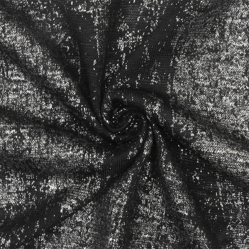 2 3/4 YD PC-Night Black-Silver Slub Foil Texture Printed Poly Jersey Knit Fabric