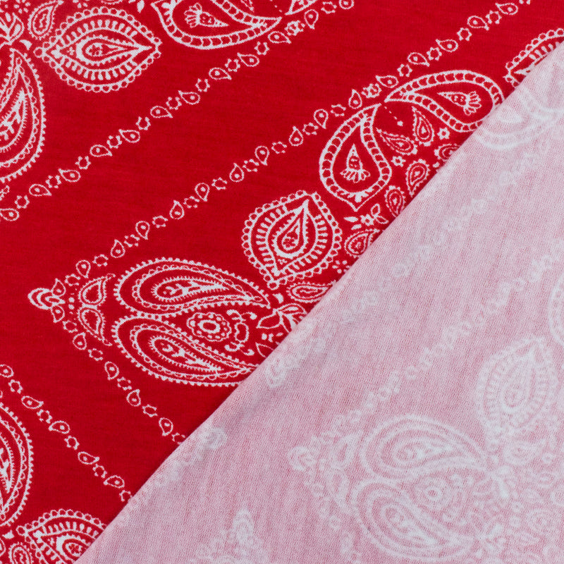 Intense Red - White Bandana Printed Stretch Rayon Jersey Knit Fabric