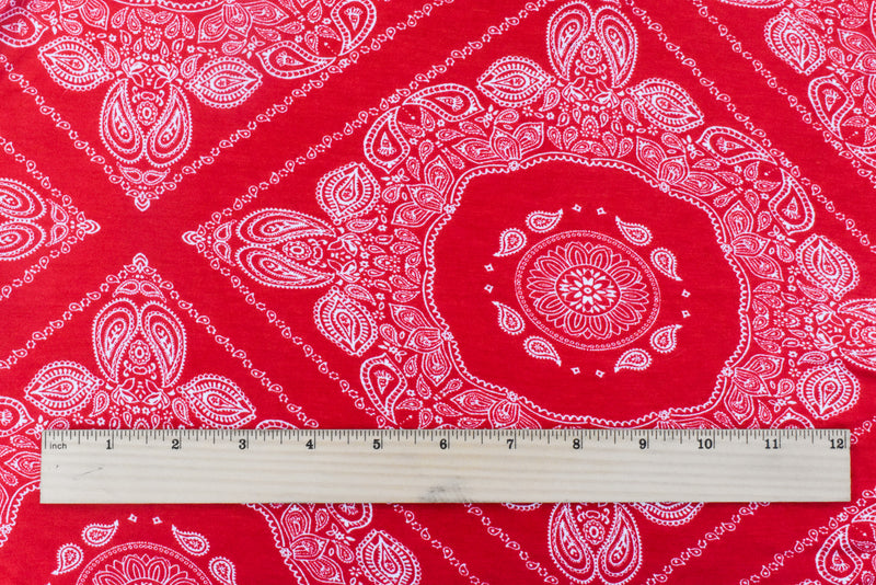 Intense Red - White Bandana Printed Stretch Rayon Jersey Knit Fabric