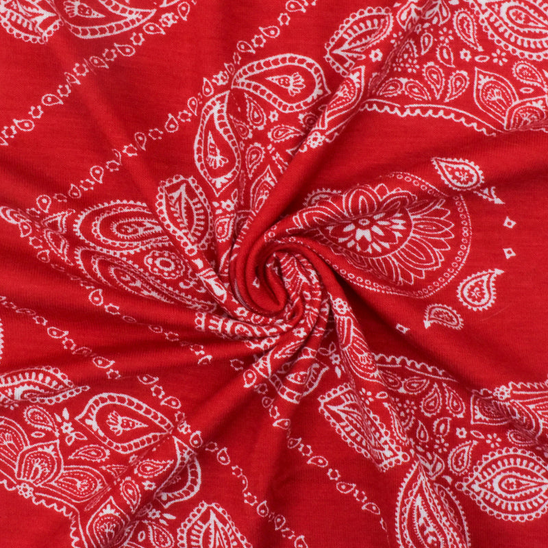 Intense Red - White Bandana Printed Stretch Rayon Jersey Knit Fabric