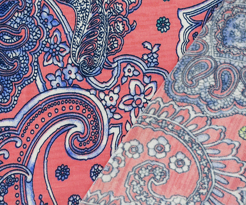 Coral Pink-Blue-Multi Nylon Stretch Spandex Baroque Printed ITY Knit Fabric