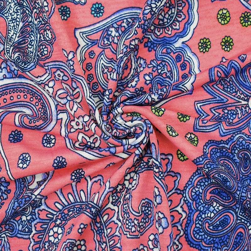 Coral Pink-Blue-Multi Nylon Stretch Spandex Baroque Printed ITY Knit Fabric