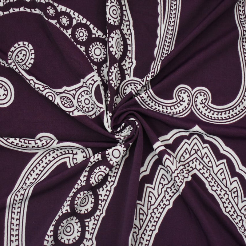 Purple-White Poly Stretch Spandex Baroque Printed Tricot Knit Fabric