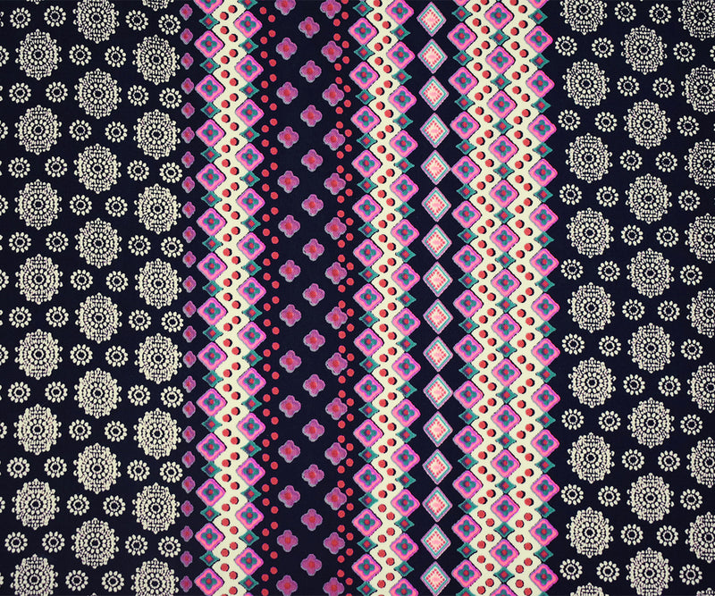 Dark Navy-Pink-Multi Medallion Multi Stripe Printed Challis Woven Fabric