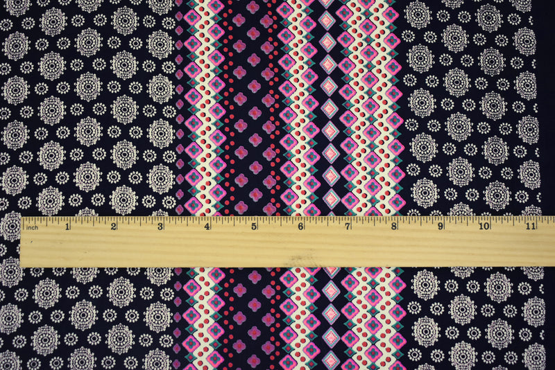 Dark Navy-Pink-Multi Medallion Multi Stripe Printed Challis Woven Fabric