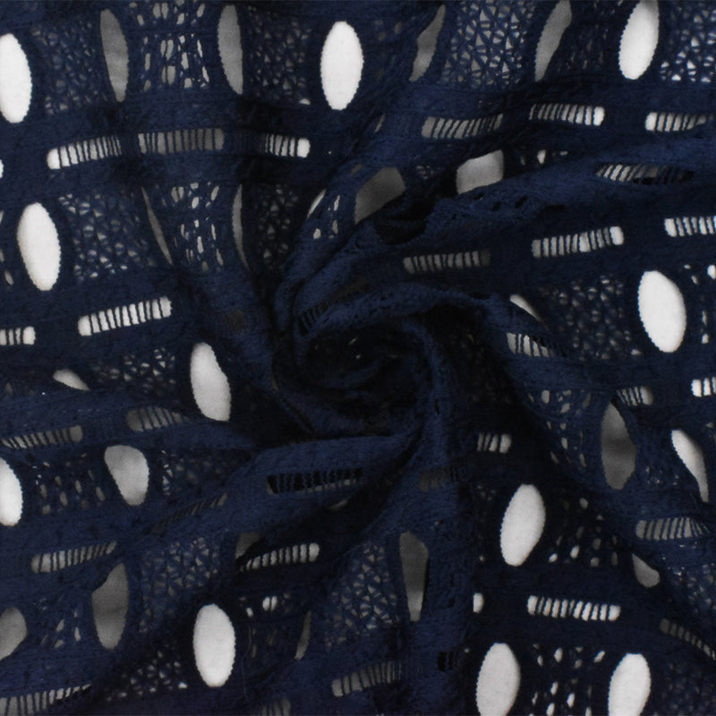 Dark Navy Blue Oval Striped Pattern Poly Crochet Knit Fabric