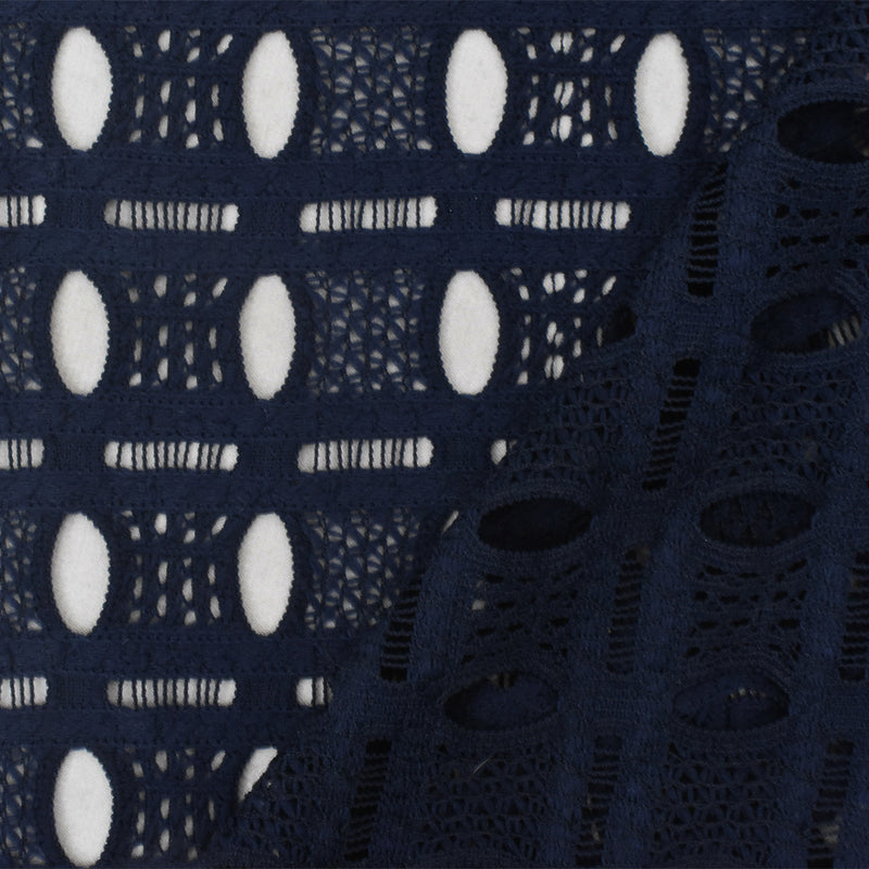 Dark Navy Blue Oval Striped Pattern Poly Crochet Knit Fabric