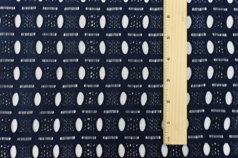 Dark Navy Blue Oval Striped Pattern Poly Crochet Knit Fabric