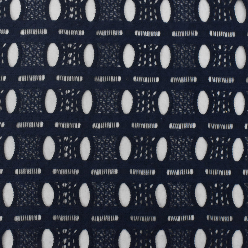 Dark Navy Blue Oval Striped Pattern Poly Crochet Knit Fabric