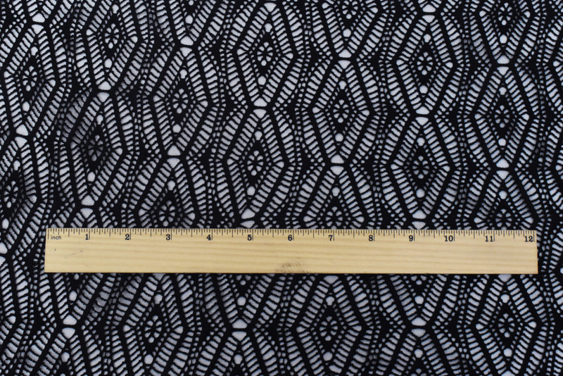 Jet Black Patterned Diamond Stretch Poly Crochet Knit Fabric