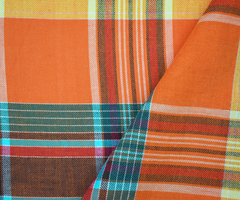Orange-Multi Cotton Famous Maker Plaid Twill Madras Woven Fabric
