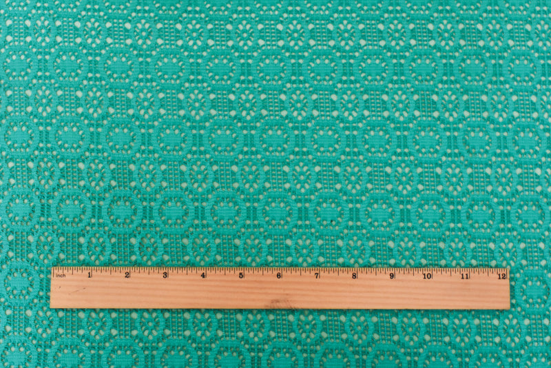 3/4 YD PC-Beach Teal Medallion Stretch Poly Crochet Knit Fabric