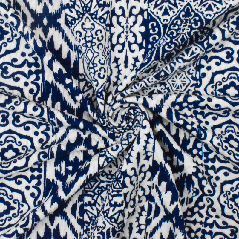 Ink Blue-White Multi Pattern Stripe Print Stretch Rayon Jersey Knit Fabric