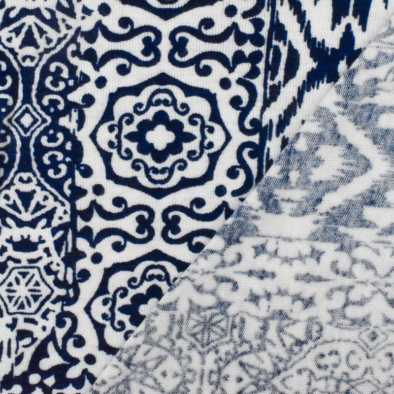 Ink Blue-White Multi Pattern Stripe Print Stretch Rayon Jersey Knit Fabric