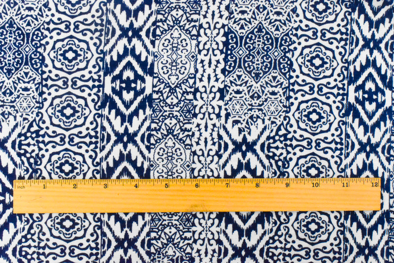 Ink Blue-White Multi Pattern Stripe Print Stretch Rayon Jersey Knit Fabric