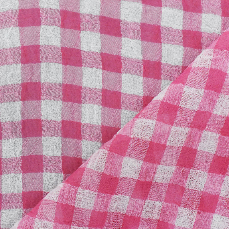Pink-White Check Poly Crinkle Chiffon Woven Fabric