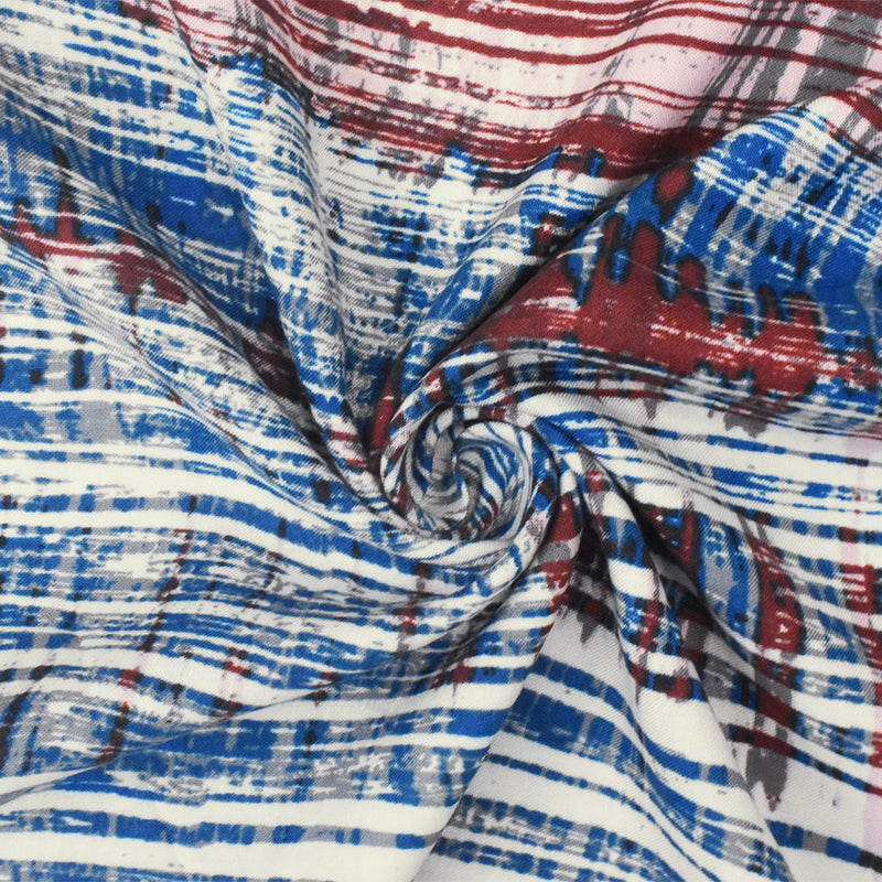 Blue-Maroon-Multi Abstract Printed Rayon Challis Woven Fabric