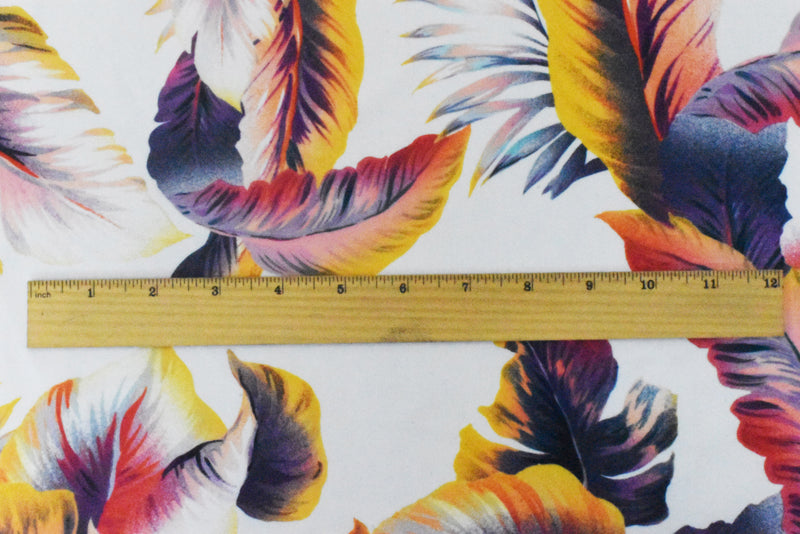4 YD PC-White-Purple-Multi Leaves Printed Stretch poly Tricot Knit Swimwear Fabric