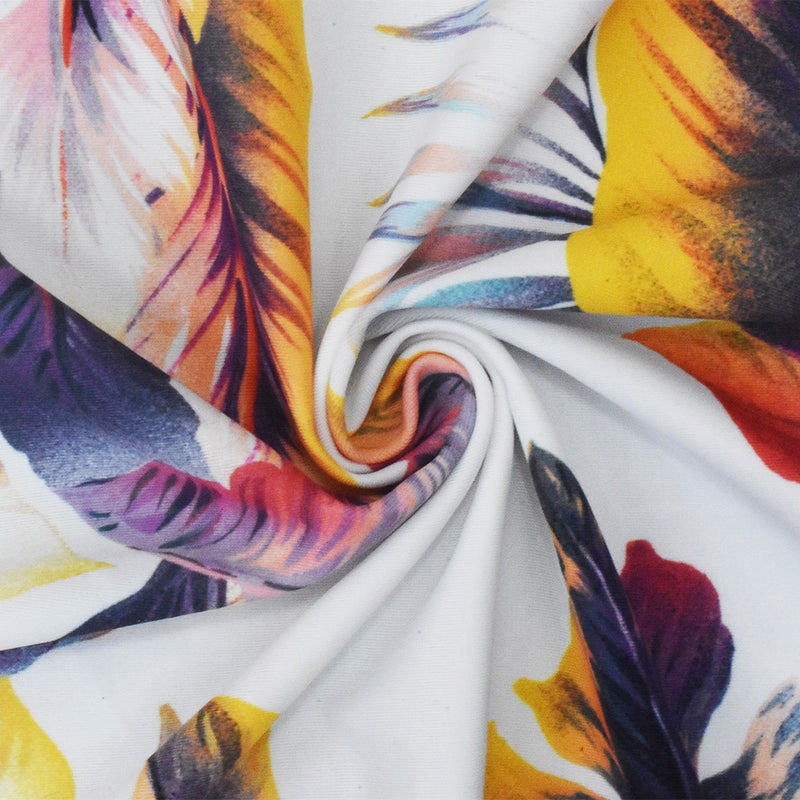 4 YD PC-White-Purple-Multi Leaves Printed Stretch poly Tricot Knit Swimwear Fabric