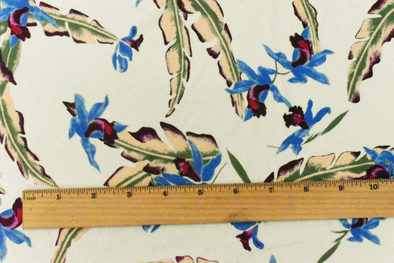 1 1/2 YD PC-Ivory-Blue-Multi Floral Printed Stretch Nylon Tricot Knit Swimwear Fabric