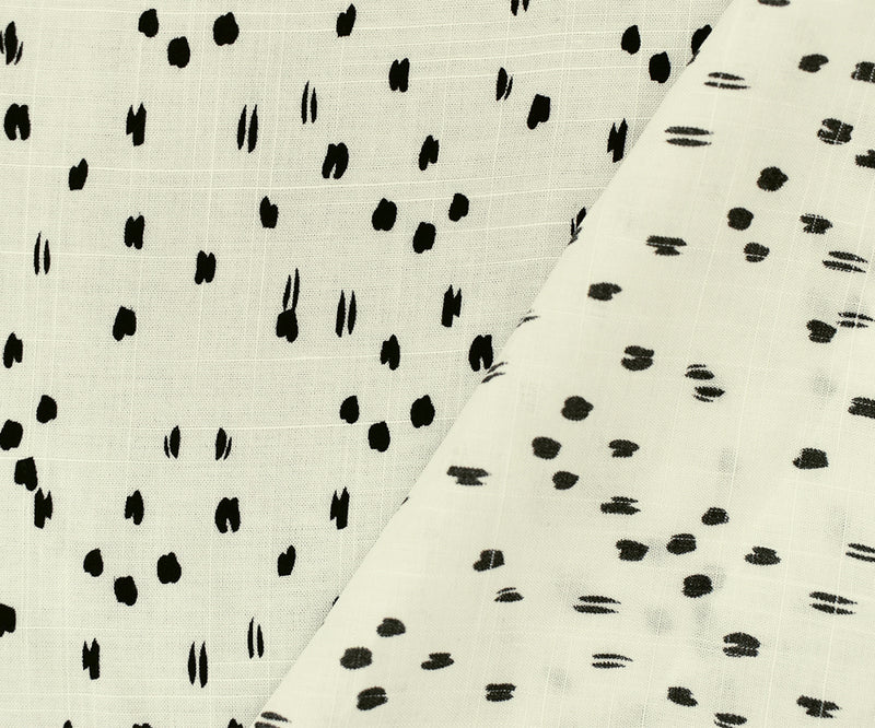 White-Black Rayon Abstract Spots Semi-Sheer Printed Slub Woven Fabric