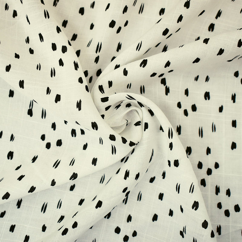 White-Black Rayon Abstract Spots Semi-Sheer Printed Slub Woven Fabric