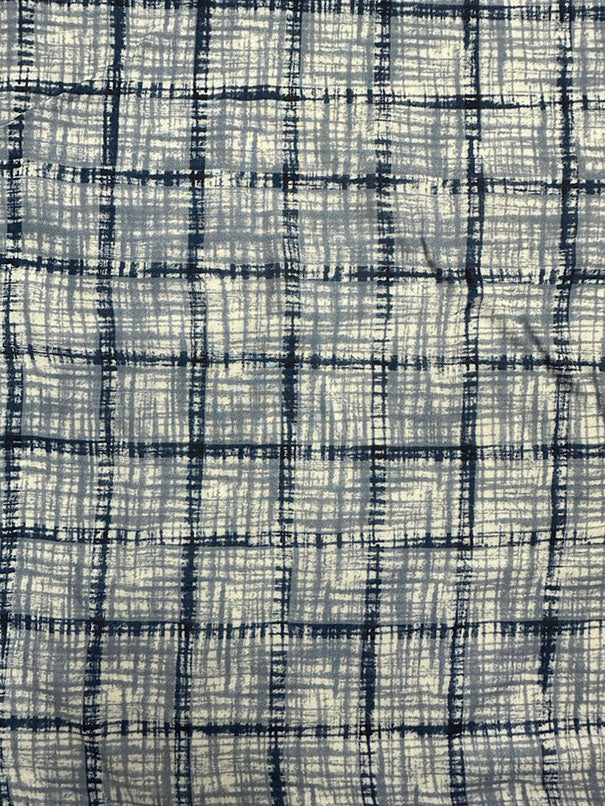 Blue Multi Check Print Rayon Lawn Fabric