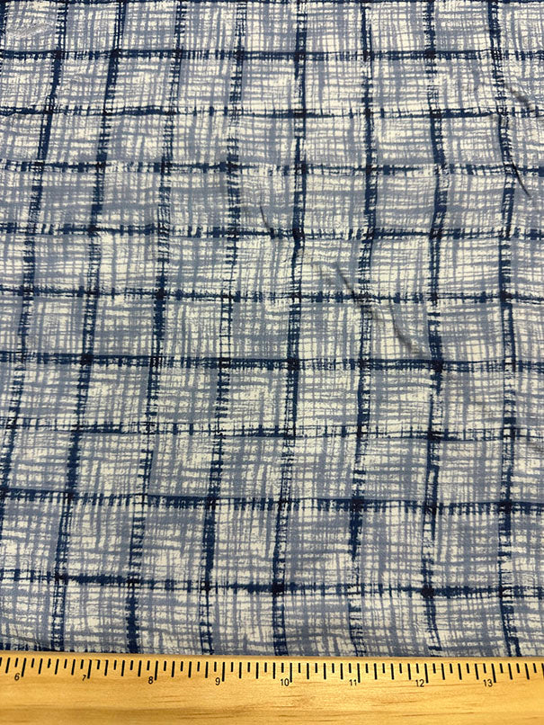 Blue Multi Check Print Rayon Lawn Fabric