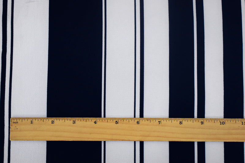 White-Deep Navy Stripe Printed Stretch Poly Spandex Crinkle Crepe Woven Fabric