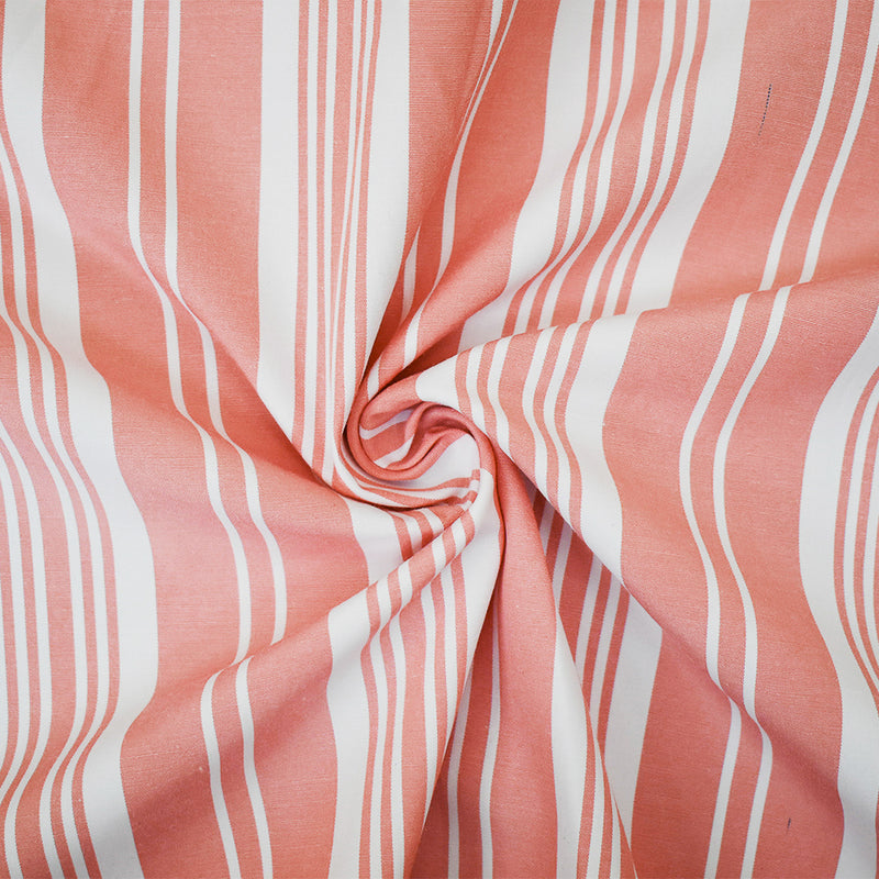 Peach Orange-White Polyester Cotton Striped Shirting Woven Fabric