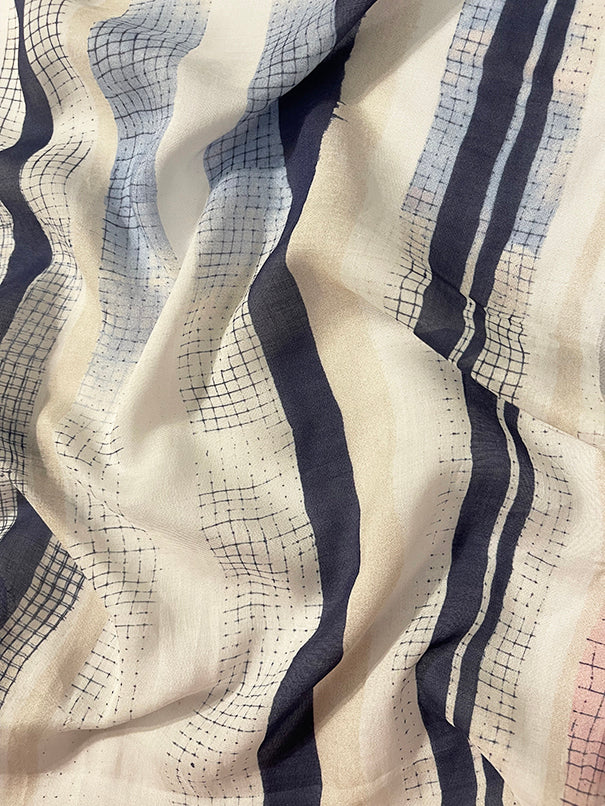 Blue, White, and Pink Grid Stripe Print Batiste Fabric