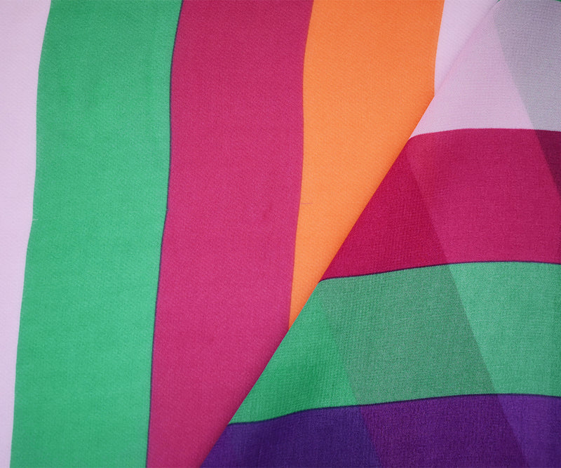 Deep Magenta-Green-Multi Nylon Stripe Printed Chiffon Woven Fabric
