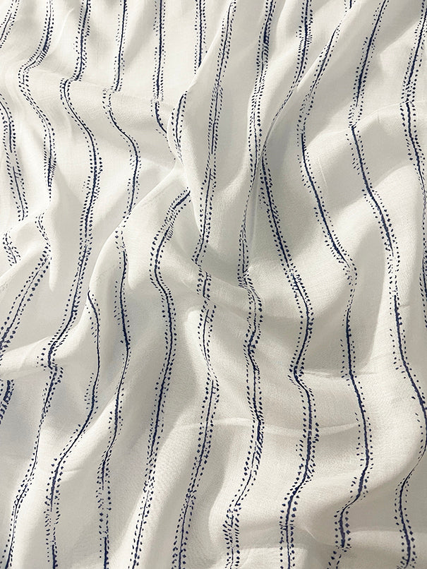 Blue and White Dotted Line Print Batiste Fabric