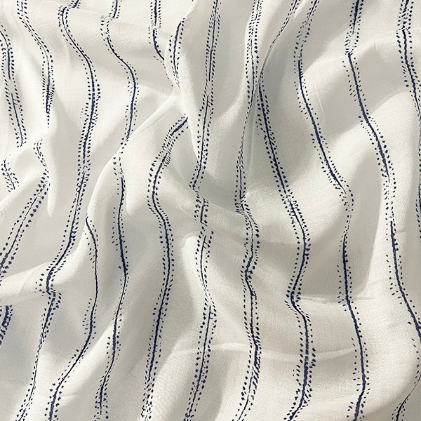 Blue and White Dotted Line Print Batiste Fabric