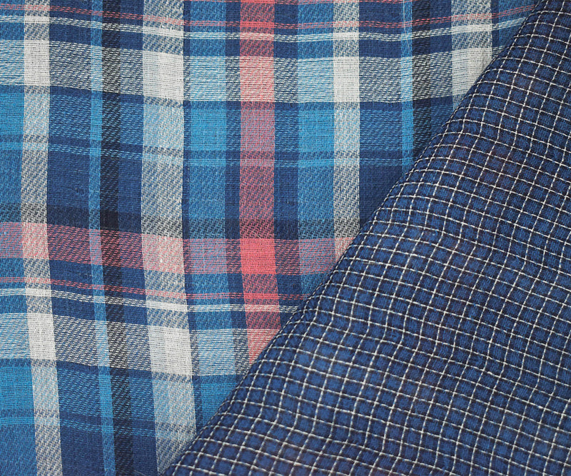Blue Cotton-Linen Famous Maker Plaid-Check Double Gauze Fabric