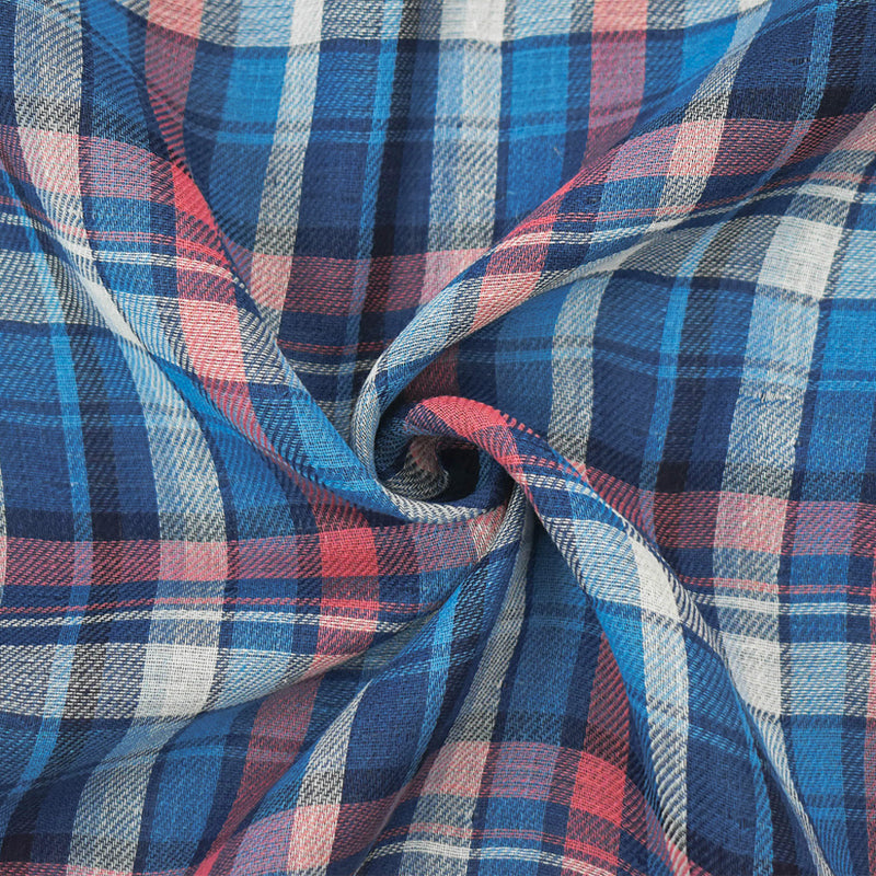 Blue Cotton-Linen Famous Maker Plaid-Check Double Gauze Fabric