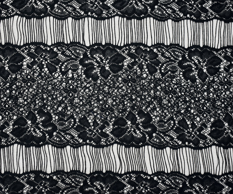 Black Polyester Floral Stripe Crochet Lace Knit Fabric