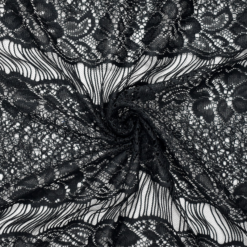 Black Polyester Floral Stripe Crochet Lace Knit Fabric