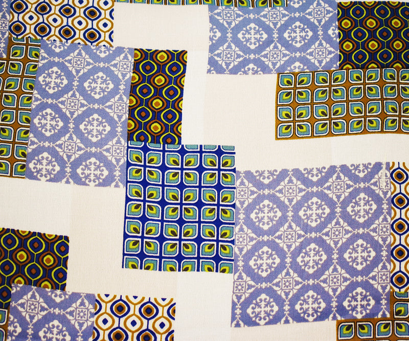 Blue-Green-Multi Cotton Patch Moroccan Pattern Printed Gauze Woven Fabric