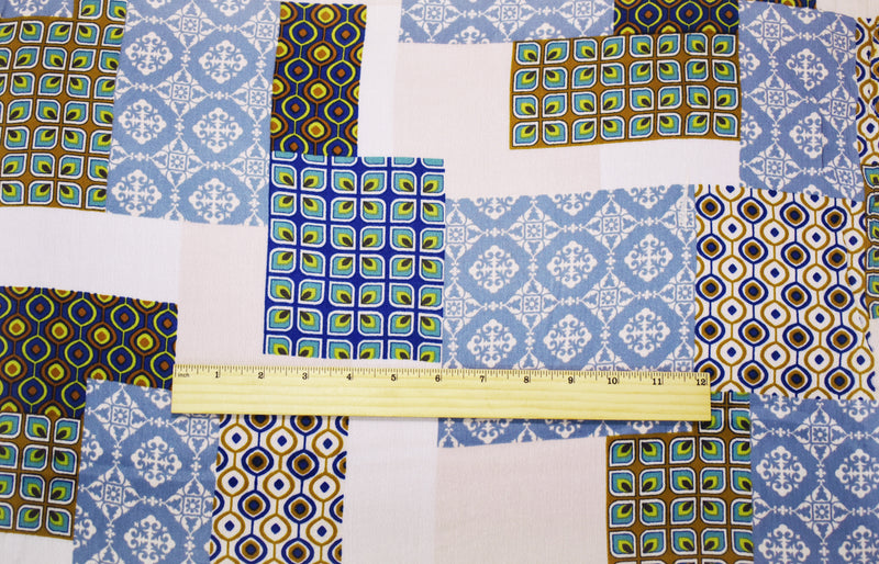 Blue-Green-Multi Cotton Patch Moroccan Pattern Printed Gauze Woven Fabric