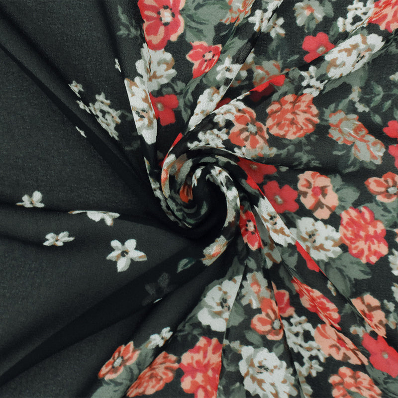 Black-Red-Multi Floral Printed Poly Chiffon Woven Fabric