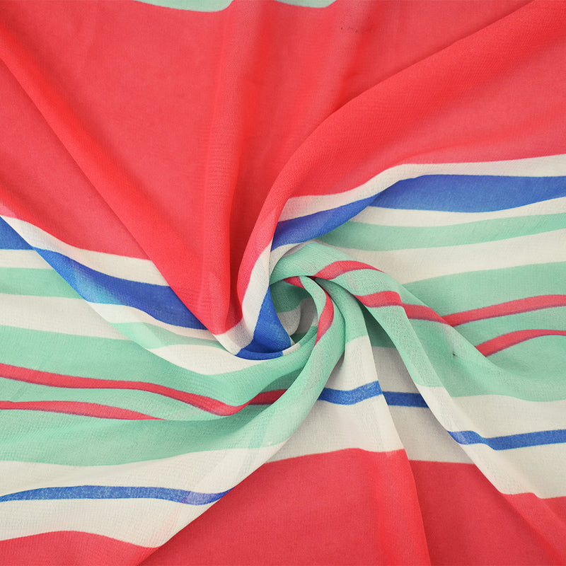 Pink-Blue-Multi Stripe Printed Poly Chiffon Woven Fabric