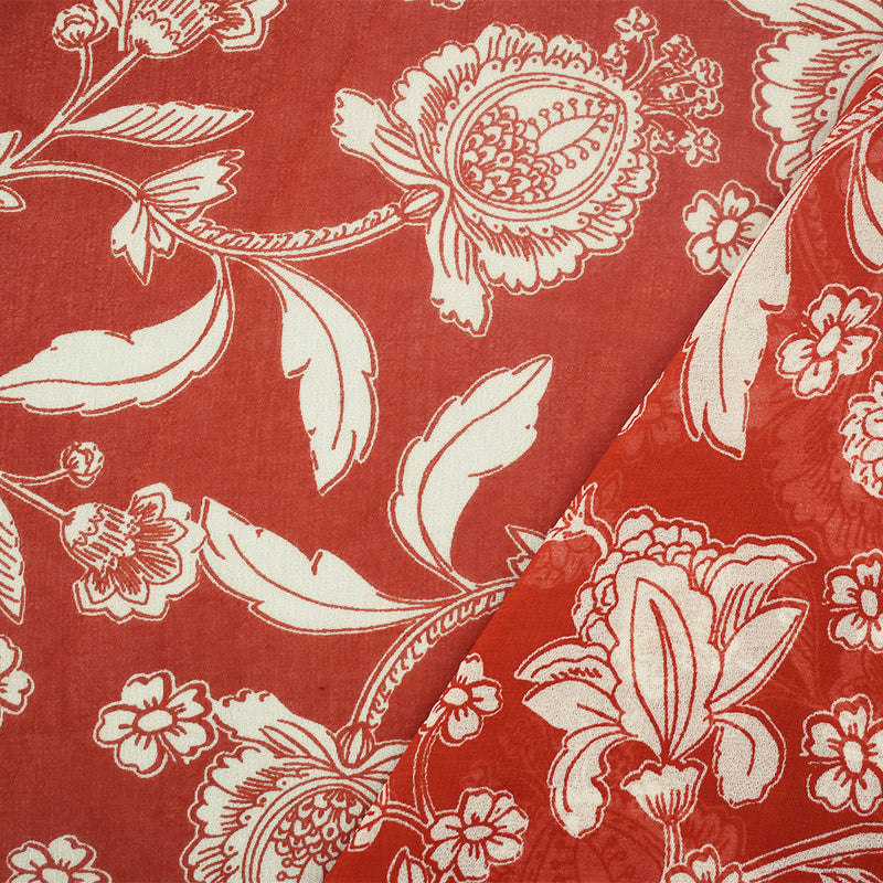 Sunset Orange-Ivory Floral Printed Poly Chiffon Woven Fabric