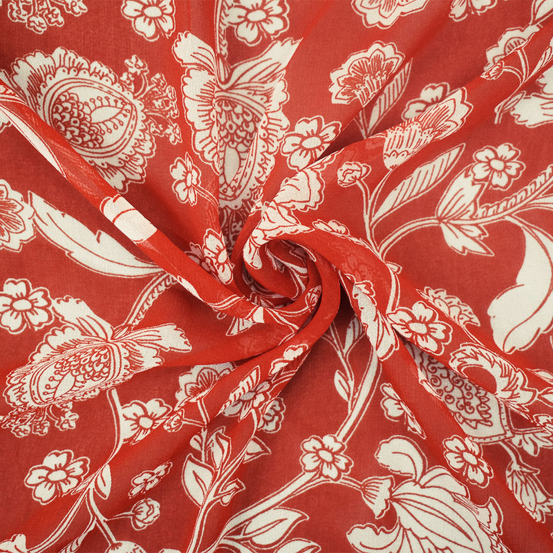 Sunset Orange-Ivory Floral Printed Poly Chiffon Woven Fabric